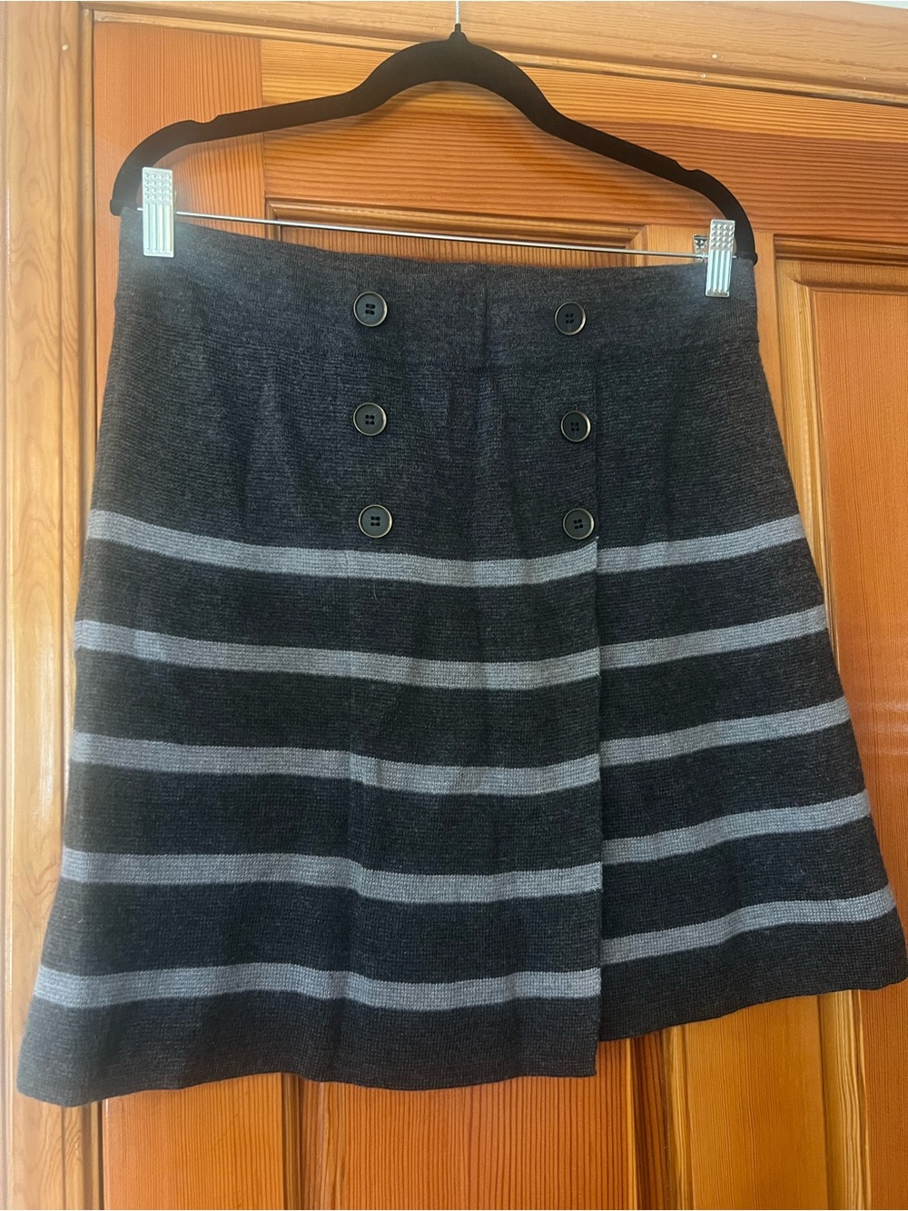 LOFT Black A-Line Knit Skirt with Gray Stripes and Double-Breasted Buttons